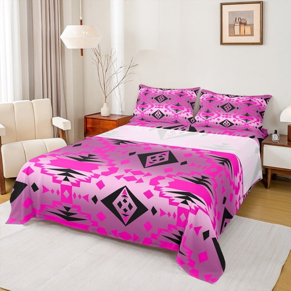 Homewish Vintage Tribal Aztec Bed Sheets for Adult, Pink Stripes Triangle King Sheets, Southwestern Theme Sheet Set, Microfiber Bedroom Decor, 4 Pieces