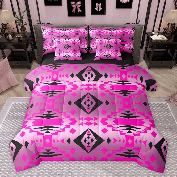 Homewish Vintage Tribal Aztec Bedding Comforter Set 7pcs for Adult, Pink Stripes Triangle King Bedding Sets, Southwestern Theme Reversible Bed Sheets, Microfiber Bedroom Decor