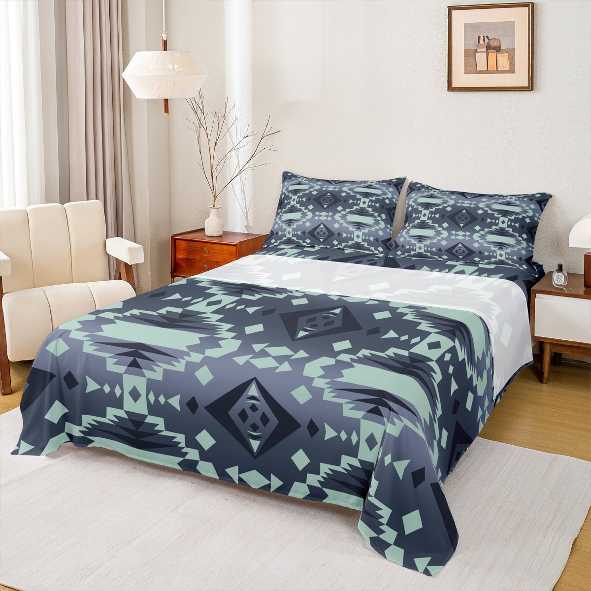 Homewish Vintage Tribal Aztec Full Size Sheets for Adult, Blue Square ...