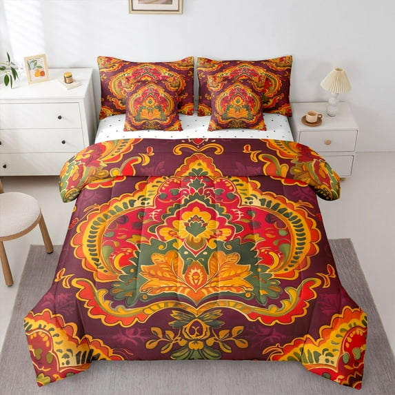 Homewish Vintage Tribal Damask Bedding Comforter Set 7pcs for Female, Hippie Flower Floral Queen Bedding Sets, Bohemian Mandala Print Reversible Queen Sheet Sets, Super Cozy Room Decor