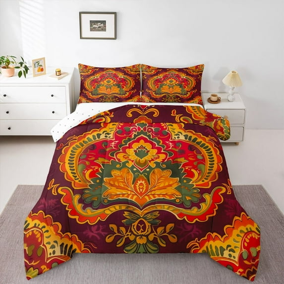 Homewish Vintage Tribal Damask Bedding Comforter Set for Female, Hippie Flower Floral Twin Comforter Sets, Bohemian Mandala Print Reversible Bedding Set, Super Cozy Room Decor, 2-Piece
