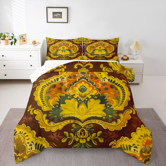 Homewish Vintage Tribal Damask Bedding Comforter Set for Female, Hippie Flower Floral Twin Comforter Sets, Gold Bohemian Mandala Reversible Bedding Set, Microfiber Bedroom Decor, 2-Piece