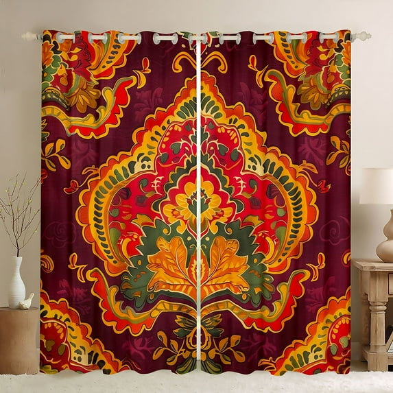 Homewish Vintage Tribal Damask Curtains Pack of 2 (42x84 Each) for Female, Hippie Flower Floral Curtains Blackout, Bohemian Mandala Print Bedroom Curtains, Curtains Blackout Decor