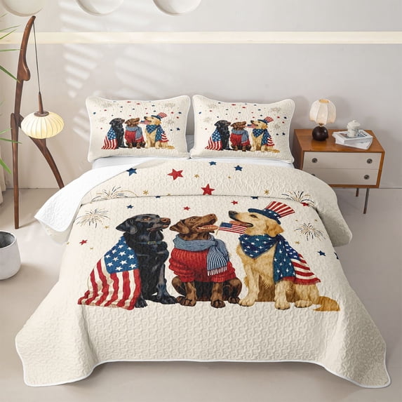 Homewish Vintage USA Flag Dog Quilt King,4Th Of July Firework Stars King Coverlet Set,Cream,3-Piece
