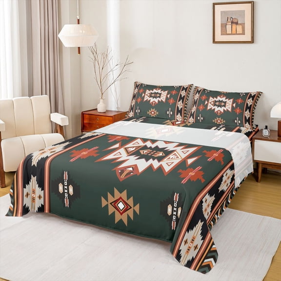 Homewish Vintage Western Aztec Bed Sheets, Tribal Hippie Bohemian King Sheets, Olive Triangle Stripes Sheet Set, Lightweight Room Decor, 4pcs