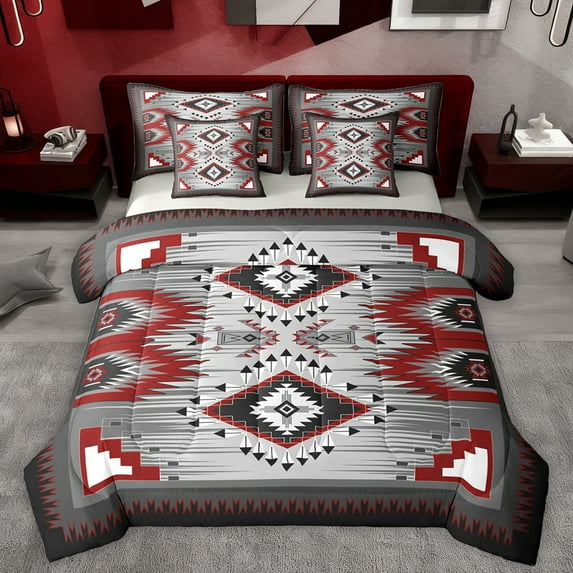 Homewish Vintage Western Aztec Bedding Comforter Set 7pcs for Adult, Grey Red Square Triangle Queen Bedding Sets, Mandala Style Reversible Queen Sheet Sets, Microfiber Bedroom Decor