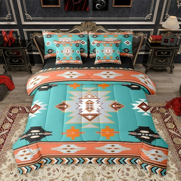 Homewish Vintage Western Aztec Bedding Comforter Set 7pcs, Tribal Hippie Bohemian King Bedding Sets, Cyan Orange Triangle Reversible Bed Sheets, Luxury Bedroom Decor