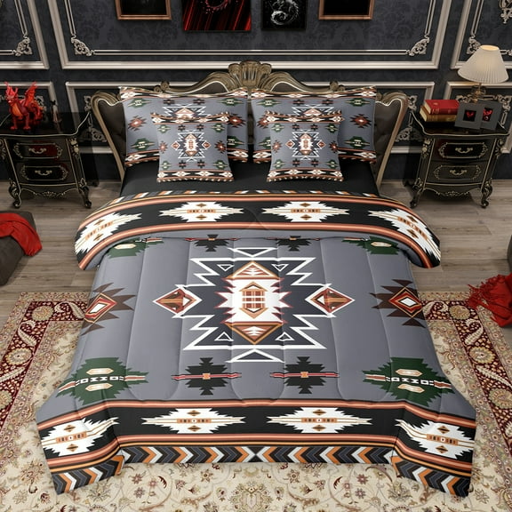 Homewish Vintage Western Aztec Bedding Comforter Set 7pcs, Tribal Hippie Bohemian King Bedding Sets, Grey Black Triangle Reversible Bed Sheets, Lightweight Room Decor