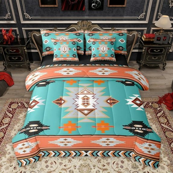 Homewish Vintage Western Aztec Bedding Comforter Set 7pcs, Tribal Hippie Bohemian Queen Bedding Sets, Cyan Orange Triangle Reversible Queen Sheet Sets, Luxury Bedroom Decor