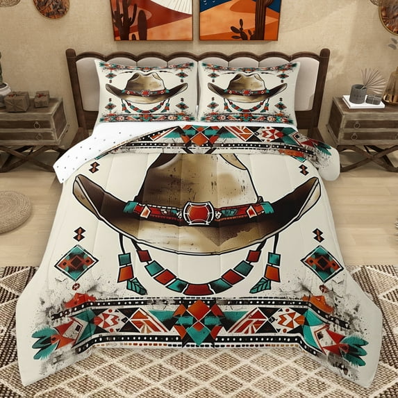 Homewish Vintage Western Aztec Full Size Comforter Sets,Rustic Cowboy Hat Bedding Comforter Set,Cyan Ebige Brown Bedding Sets For Boys Teens,Breathable Home Decor Reversible,3 Pieces