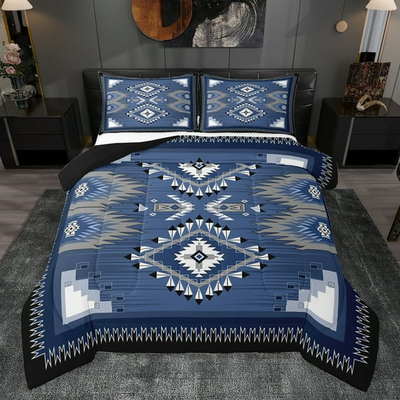Homewish Vintage Western Aztec Queen Comforter Set for Adult, Steel Blue Square Triangle Bedding Sets, Mandala Style Reversible Bedding Comforter Set, Super Cozy Room Decor, 3-Piece