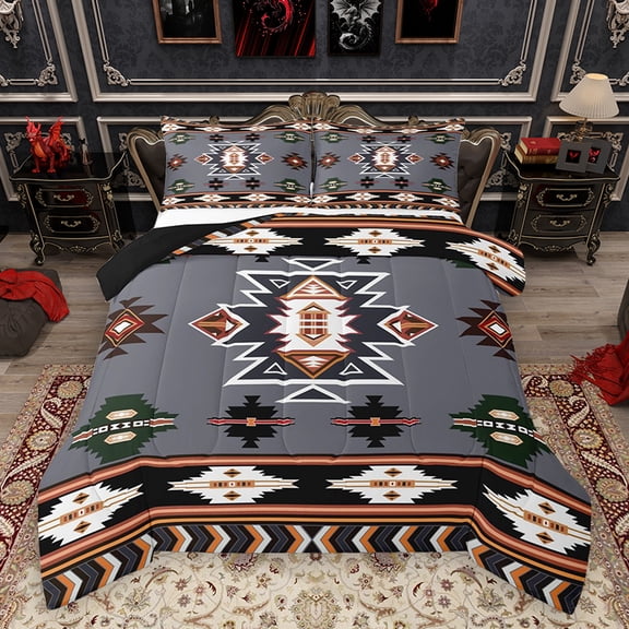 Homewish Vintage Western Aztec Queen Comforter Set, Tribal Hippie Bohemian Bedding Sets, Grey Black Triangle Reversible Bedding Comforter Set, Lightweight Room Decor, 3-Piece