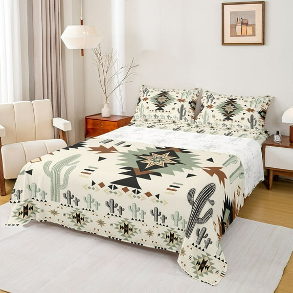 Homewish Vintage Western Aztec Queen Sheet Sets for Adult, Hippie Cactus Plant Flat Sheet, Rustic Farmhouse Queen Fitted Sheet, Breathable Home Decor, 4pcs