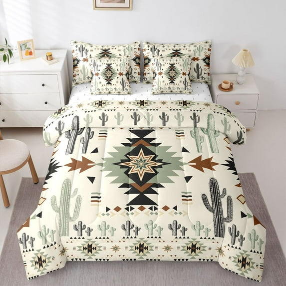 Homewish Vintage Western Aztec Twin Bedding Sets 7-Piece for Adult, Hippie Cactus Plant Bedding Comforter Set, Rustic Farmhouse Reversible Sheet Sets, Breathable Home Decor