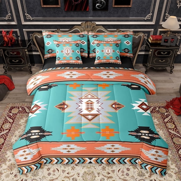 Homewish Vintage Western Aztec Twin Bedding Sets 7-Piece, Tribal Hippie Bohemian Bedding Comforter Set, Cyan Orange Triangle Reversible Sheet Sets, Luxury Bedroom Decor