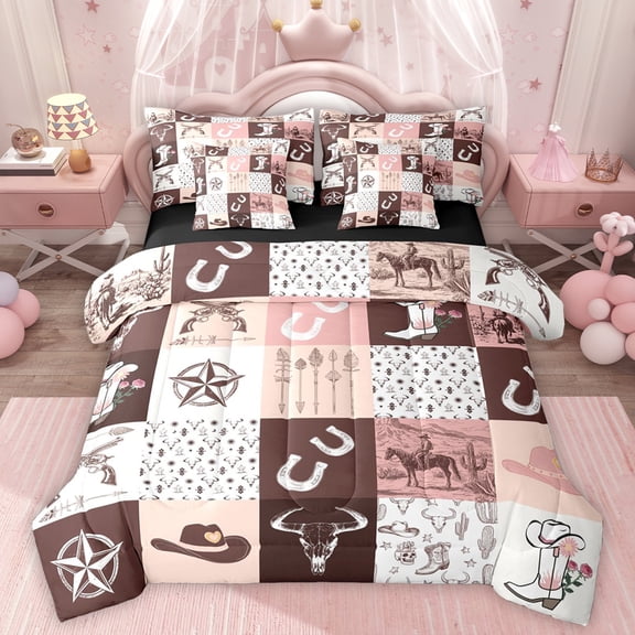 Homewish Vintage Western Cowboys 7 Pieces Bedding Comforter Set,Rustic Bull Skull Full Bedding Set,Country Farmhouse Lodge Fitted Sheet Flat Sheet For Boys Kids,Luxury Bedroom Decor Reversible