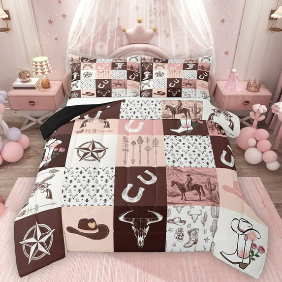 Homewish Vintage Western Cowboys Full Size Comforter Sets,Rustic Bull Skull Bedding Comforter Set,Country Farmhouse Lodge Bedding Sets For Boys Kids,Luxury Bedroom Decor Reversible,3 Pieces