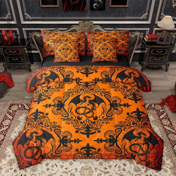 Homewish Vintage Western Dragon Bedding Comforter Set 7pcs, Orange Damask Flower Print Queen Bedding Sets, Hippie Mandala Style Reversible Queen Sheet Sets, Luxury Bedroom Decor