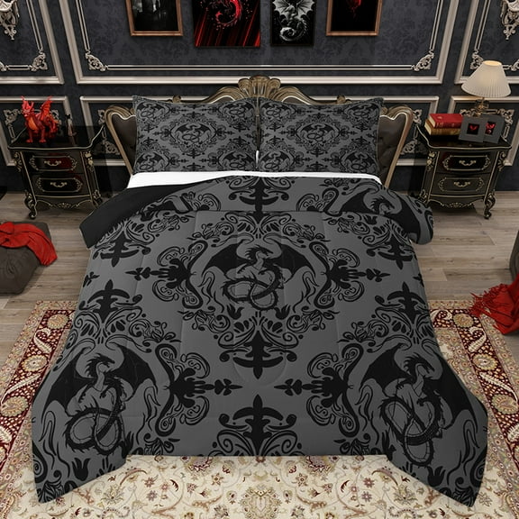 Homewish Vintage Western Dragon Bedding Comforter Set, Black Grey Damask Flower Print Twin Comforter Sets, Hippie Mandala Style Reversible Bedding Set, Luxury Bedroom Decor, 2-Piece