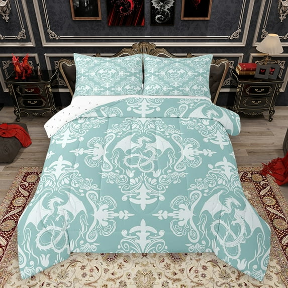 Homewish Vintage Western Dragon Full Size Comforter Sets, Cyan Damask Flower Print Bedding Comforter Set, Hippie Mandala Style Reversible Bedding Sets, Ultra Soft Bedroom Decor, 3-Piece