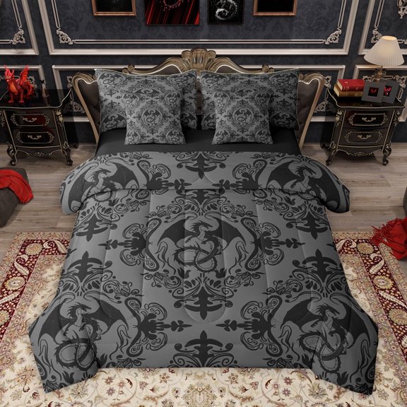Homewish Vintage Western Dragon Twin Bedding Sets 7-Piece, Black Grey Damask Flower Print Bedding Comforter Set, Hippie Mandala Style Reversible Sheet Sets, Luxury Bedroom Decor