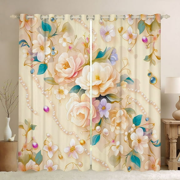 Homewish Vintage Western Flower Black Out Curtains, Chic Pearl Curtains Pack of 2 (42x63 Each), Teens Kids Girls Female Bedroom Curtains, Curtains and Drapes Decor