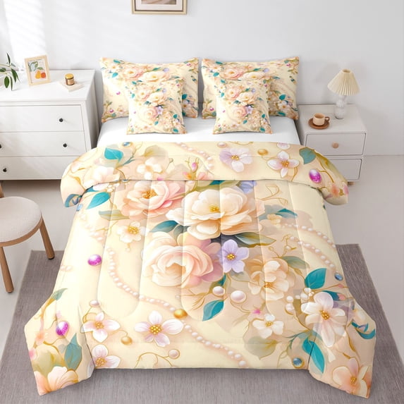Homewish Vintage Western Flower Twin Bedding Sets 7-Piece, Chic Pearl Bedding Comforter Set, Teens Kids Girls Female Reversible Sheet Sets, Lightweight Room Decor
