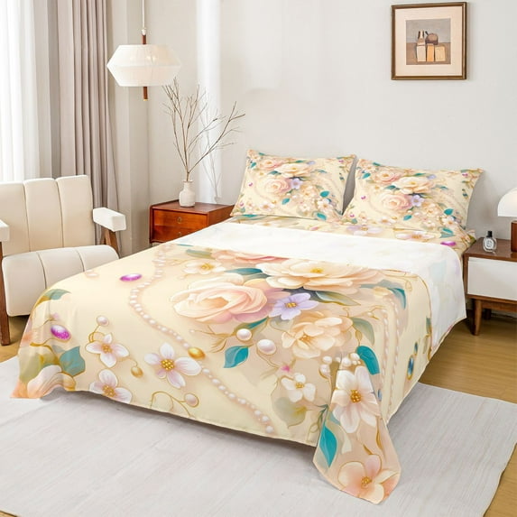 Homewish Vintage Western Flower Twin Sheet Sets, Chic Pearl Twin Fitted Sheet, Teens Kids Girls Female Flat Sheet, Lightweight Room Decor, 3 Pieces
