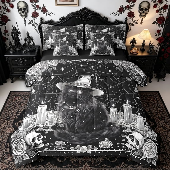 Homewish Vintage Witch Cat Queen Bedding for Kids, Rose Candle Spider Skull Gothic Art Bedding Comforter Set Queen, Black Reversible, 7-Piece