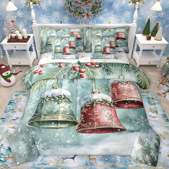 Homewish Vintage Xmas Bell Bedding Comforter Set 7 Pieces for Kids, Happy New Year Full Bedding Set, Christmas Plant Botanical Reversible Fitted Sheet Flat Sheet, Luxury Bedroom Decor