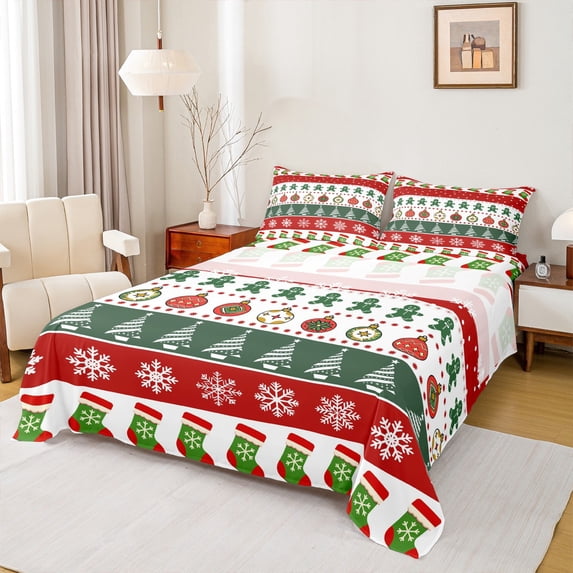Homewish Vintage Xmas Tree Bed Sheets, Tribal Western Christmas King Sheets, Green Red Santa Claus Socks Sheet Set, Lightweight Room Decor, 4pcs