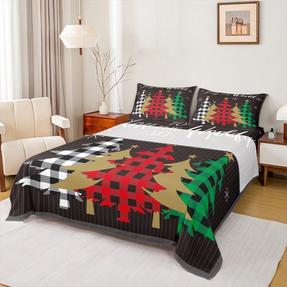 Homewish Vintage Xmas Tree Queen Sheet Sets for Kid, Fashion Buffalo Plaid Flat Sheet, Merry Christmas Queen Fitted Sheet, Lightweight Room Decor, 4-Piece