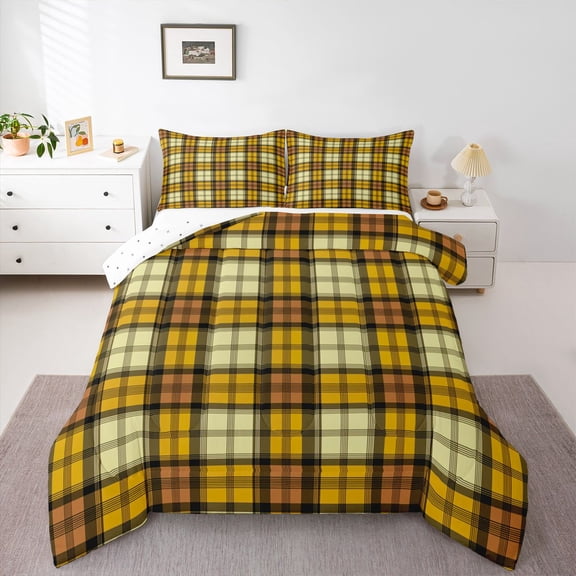 Homewish Vintage Yellow Buffalo Queen Comforter Set for Teens, Chic Checkered Square Bedding Sets, Chic Fashion Reversible Bedding Comforter Set, Ultra Soft Bedroom Decor, 3 Pieces