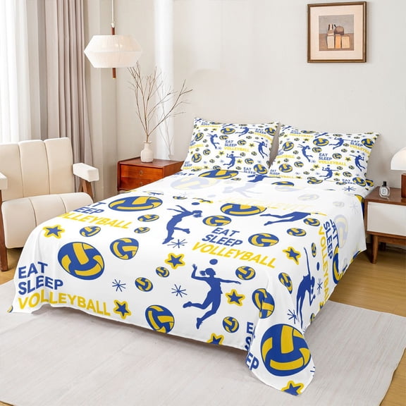 Homewish Vlooeyball Sport Game Twin Sheet Sets,Kawaii Stars Pattern Twin Fitted Sheet,White Yellow Blue Flat Sheet For Boys Kids,Microfiber Bedroom Decor,3 Pieces