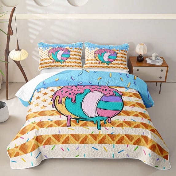 Homewish Volleyball Ice Cream Drip Quilt King,Waffle Us Flag King Coverlet Set,3pcs