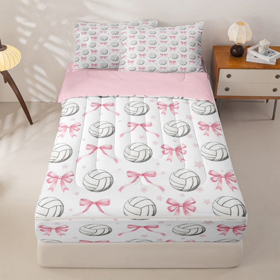 Homewish Volleyball Kids Zipper Twin Comforter Sets with Fitted Sheet and 2 Pillowcases, Princess Bowknot Zipper Bedding Set, Pink Reversible, 4-Piece