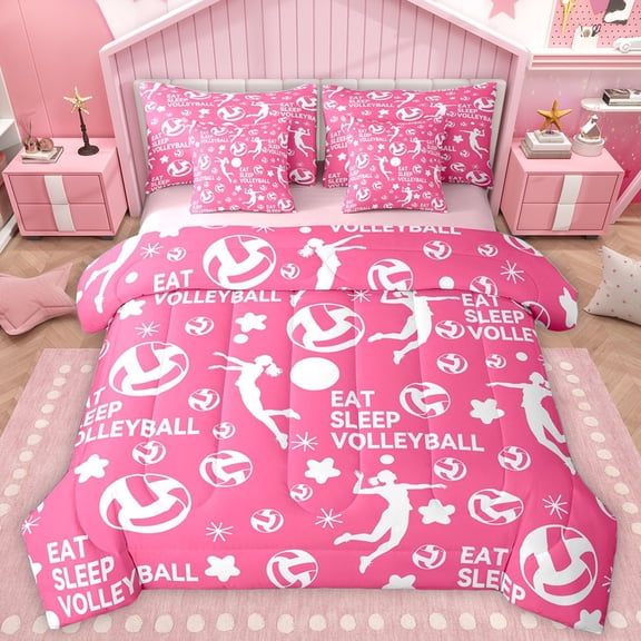 Homewish Volleyball Lovers 7-Piece Twin Bedding Sets,Sport Theme Bedding Comforter Set,Pink White Sheet Sets For Teens,Breathable Home Decor Reversible