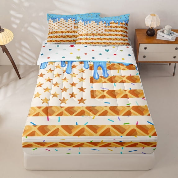 Homewish Waffle American Flag Zipper Twin Comforter Sets with Fitted Sheet and 2 Pillowcases For Kids,Blue Ice Cream Drip Zipper Bedding Set,Colorful Polka Dots Reversible,4-Piece