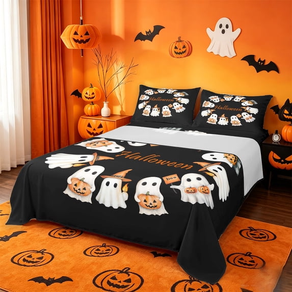 Homewish Warm Halloween Witch Ghost Bed Sheets,Pumpkin Lantern Pattern Full Size Sheets,Black Orange,4-Piece,1 Flat Sheet,1 Fitted Sheet and 2 Pillowcases