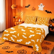 Homewish Warm Happy Halloween Bat Bed Sheets,White Silhouette Dot Print Full Size Sheets,Orange,4pcs,1 Flat Sheet,1 Fitted Sheet and 2 Pillowcases