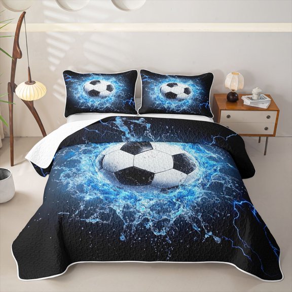 Homewish Water Lightning Soccer Bed Spread Queen, Sport Queen Coverlet Set for Men and Boys, 3pcs, 1 Comforter and 2 Pillowcases