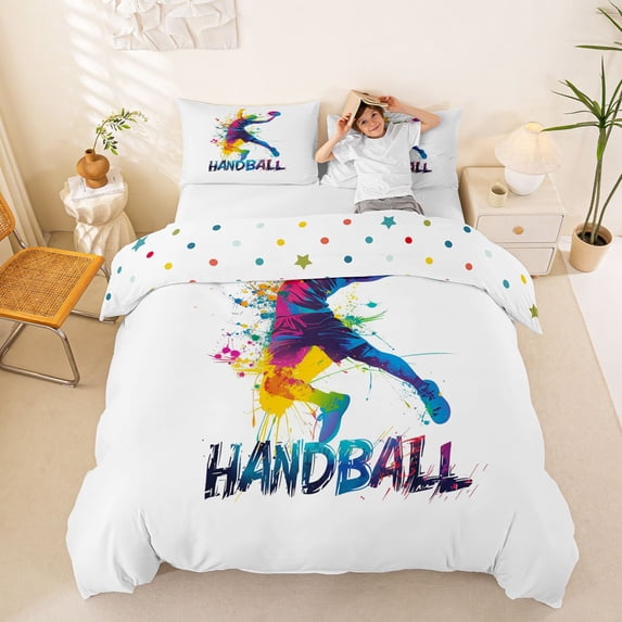 Homewish Watercolor Ball Player Duvet Cover Queen,Handball Print Queen Bedding,White,Polkadot Reversible,3pcs,1 Duvet Cover and 2 Pillowcases