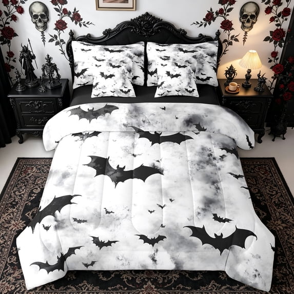 Homewish Watercolor Bat Silhouette Twin Bedding, Halloween Spooky Animal Bedding Comforter Set, Black Reversible, 7 Pieces