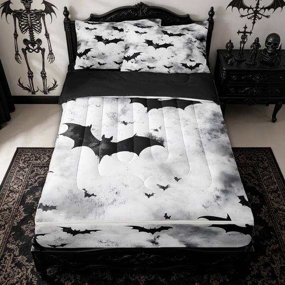 Homewish Watercolor Bat Silhouette Zipper Full Size Comforter Sets with Fitted Sheet and 2 Pillowcases for Kids, Halloween Spooky Animal Zipper Bedding Set, Black Reversible, 4 Pieces