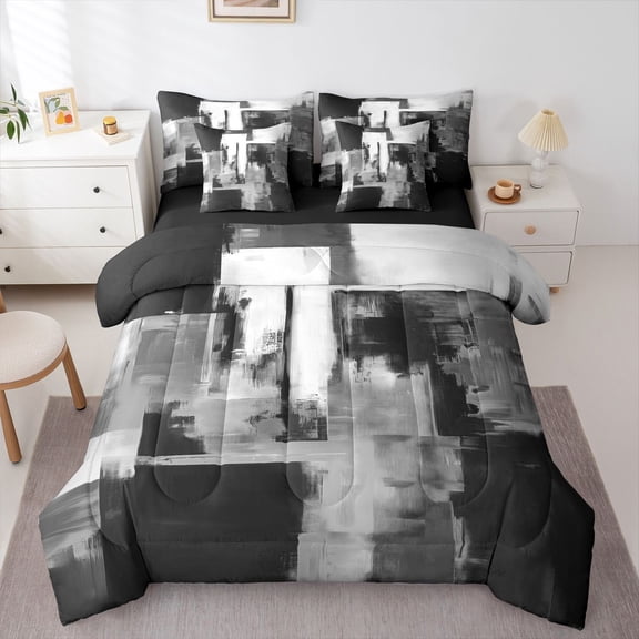 Homewish Watercolor Block 7-Piece Twin Bedding,Abstract Grunge Bedding Comforter Set,Gray,Black Reversible