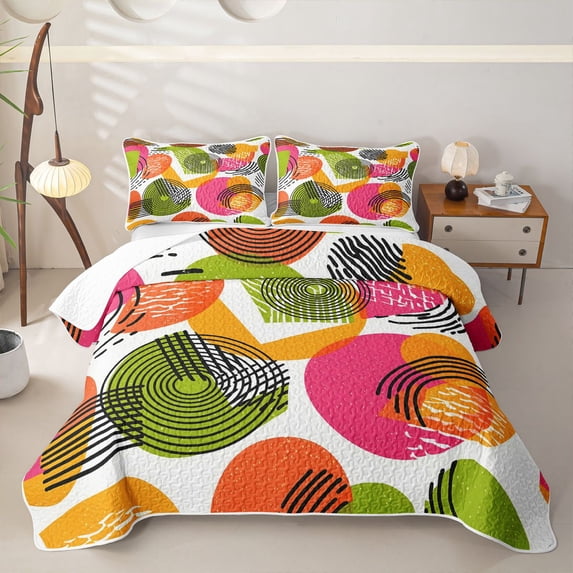 Homewish Watercolor Boho Geometric Bed Spread Queen,Circle Lines Queen Coverlet Set,Pink Green,3 Pieces