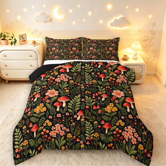 Homewish Watercolor Botanical Mushroom Queen Comforter Set,Boho Fungus Plant Comforter Sets Queen,Black Reversible,3-Piece,1 Comforter and 2 Pillowcases