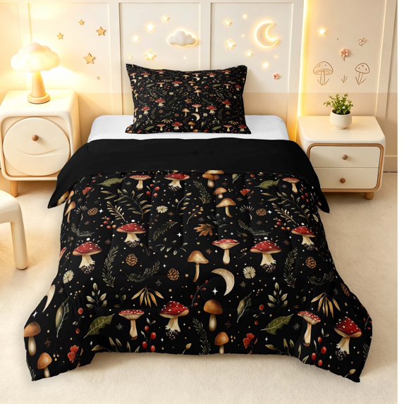 Homewish Watercolor Botanical Mushroom Twin Comforter Sets,Fungus Plant Bedding Set,Black,Black Reversible,2-Piece,1 Comforter and 1 Pillowcase