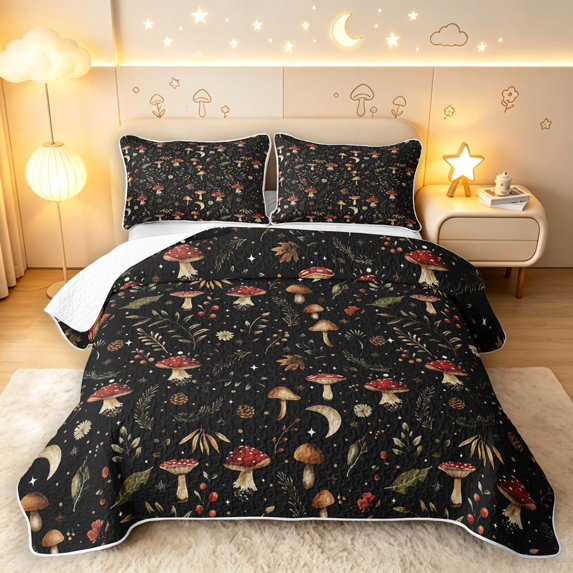 Homewish Watercolor Botanical Mushroom Twin Quilt Set,Fungus Plant Twin Coverlet Set,Black,Black Reversible,2-Piece