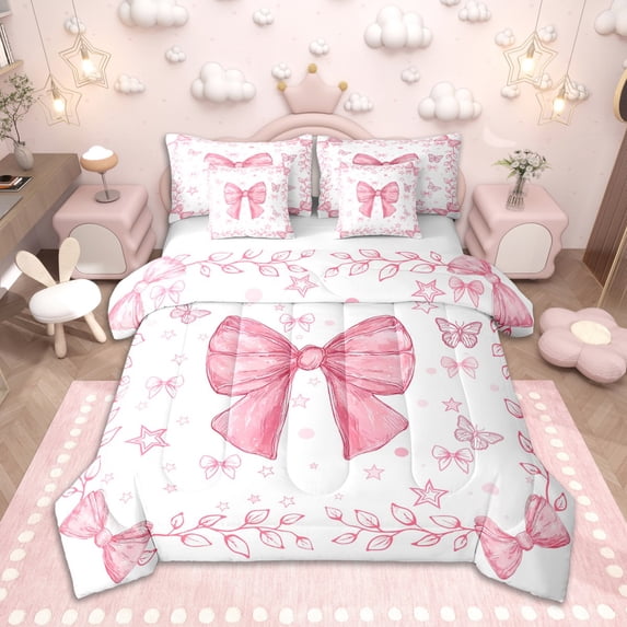 Homewish Watercolor Bow Bedding Comforter Set 7-Piece for Cute Girls, Pink Star Butterfly King Bedding Sets, Princess Bowtie Bed Sheets, Super Cozy Room Decor